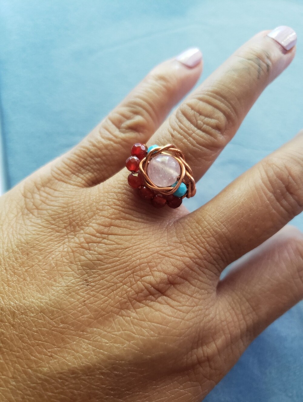 Cooper Wire Wrapped Ring With Rose Quartz Canelian Beads